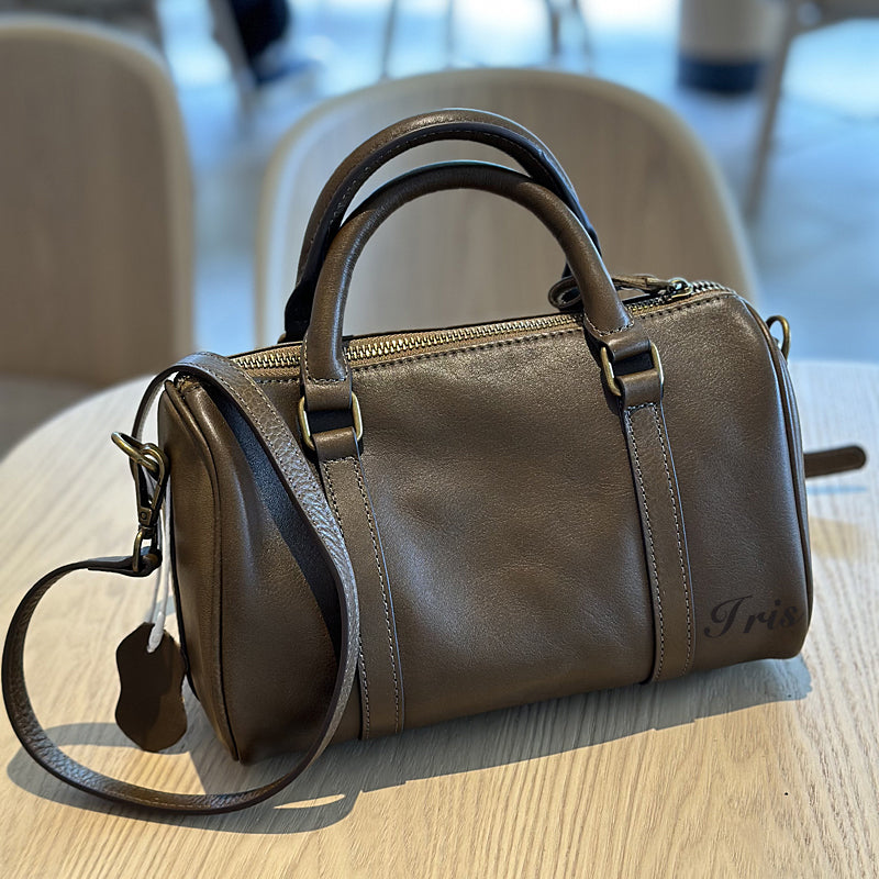 Women's Small Leather Boston Bag, Full Grain Leather Satchel Crossbody Bag, Handmade Leather Barrel Bag