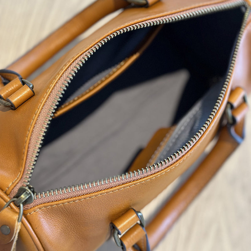Women's Small Leather Boston Bag, Full Grain Leather Satchel Crossbody Bag, Handmade Leather Barrel Bag