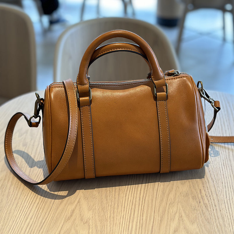 Women's Small Leather Boston Bag, Full Grain Leather Satchel Crossbody Bag, Handmade Leather Barrel Bag