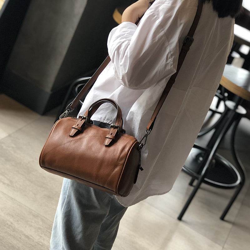 Leather Women Boston Bag, Women's Full Grain Leather Shoulder Bag, Leather Top Handle Bag