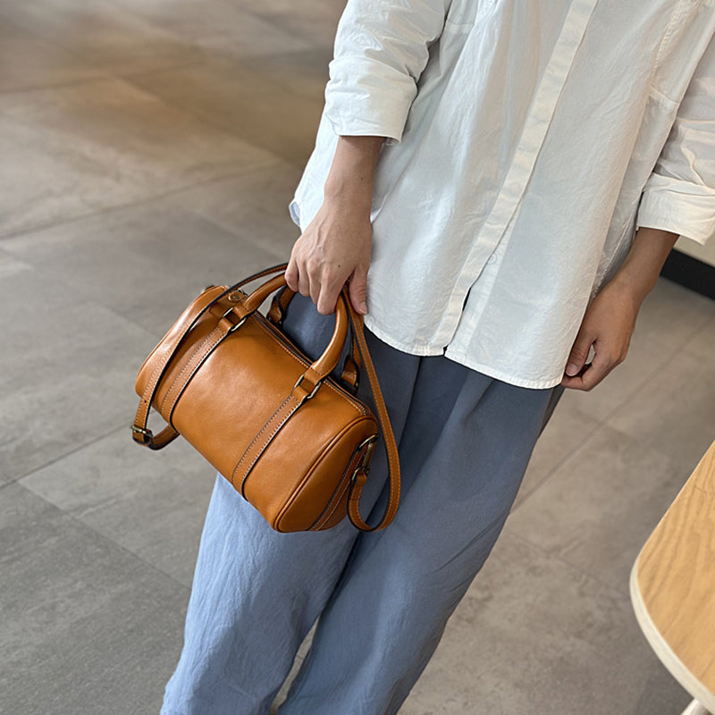 Women's Small Leather Boston Bag, Full Grain Leather Satchel Crossbody Bag, Handmade Leather Barrel Bag