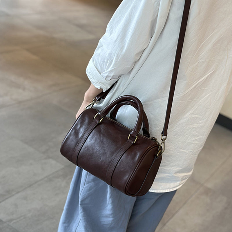 Women's Small Leather Boston Bag, Full Grain Leather Satchel Crossbody Bag, Handmade Leather Barrel Bag