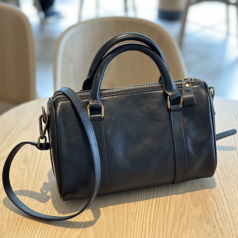 Women's Small Leather Boston Bag, Full Grain Leather Satchel Crossbody Bag, Handmade Leather Barrel Bag