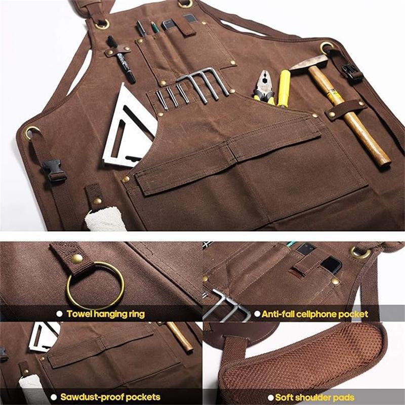 Canvas Work Apron with  Tool Pockets, Heavy-Duty Adjustable Utility Apron for Men, Carpenter & Workshop