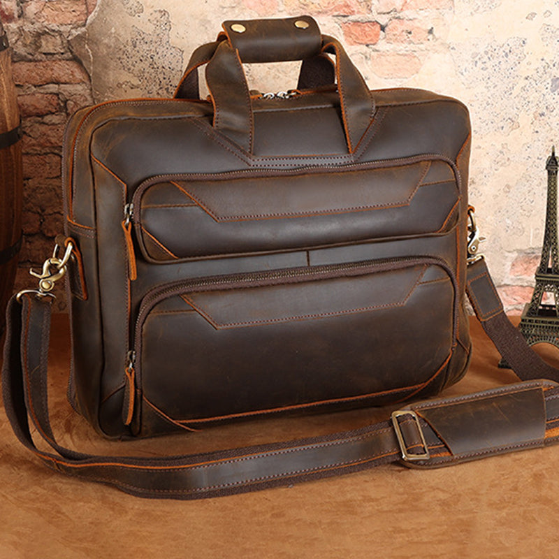 Full Grain Leather Briefcase Vintage Messenger Bag Men's Leather Shoulder Bag 15.6" Leather Laptop Bag