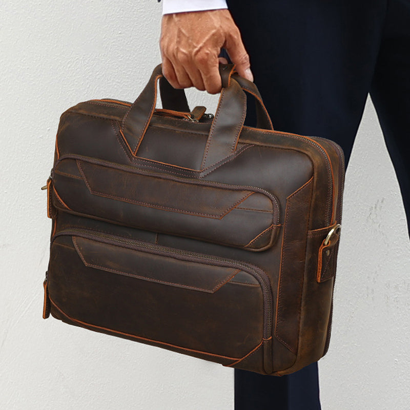 Full Grain Leather Briefcase Vintage Messenger Bag Men's Leather Shoulder Bag 15.6" Leather Laptop Bag