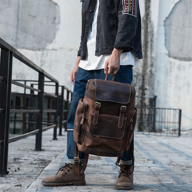 Full Grain Leather Laptop Backpack Large Capacity School Backpack Men Leather Backpack