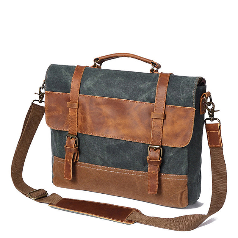 Handmade Waxed Canvas Leather Briefcase, Canvas Mens Messenger Laptop Bag, Retro Satchel Bag