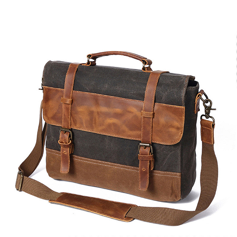 Handmade Waxed Canvas Leather Briefcase, Canvas Mens Messenger Laptop Bag, Retro Satchel Bag