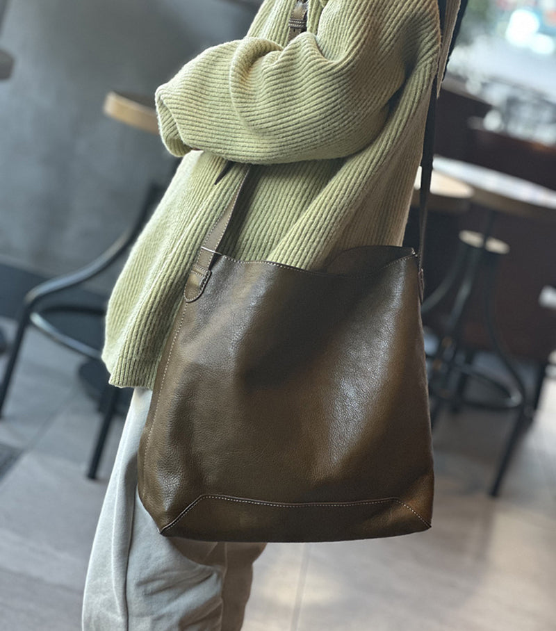Leather Designer Bucket Bag With Adjustable Strap, Women Full Grain Leather Shoulder Bag For Everyday Use, Soft Leather Crossbody Bag