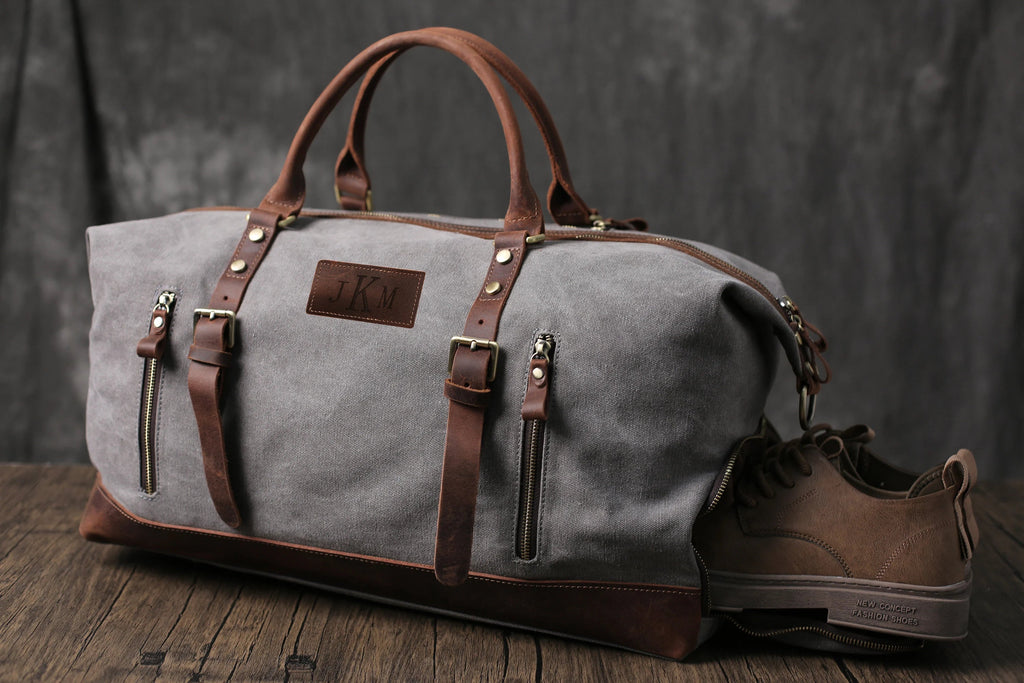Personalized Canvas Duffel Bag, Waterproof Canvas Leather Weekend bag with Shoes Compartment for Men Women
