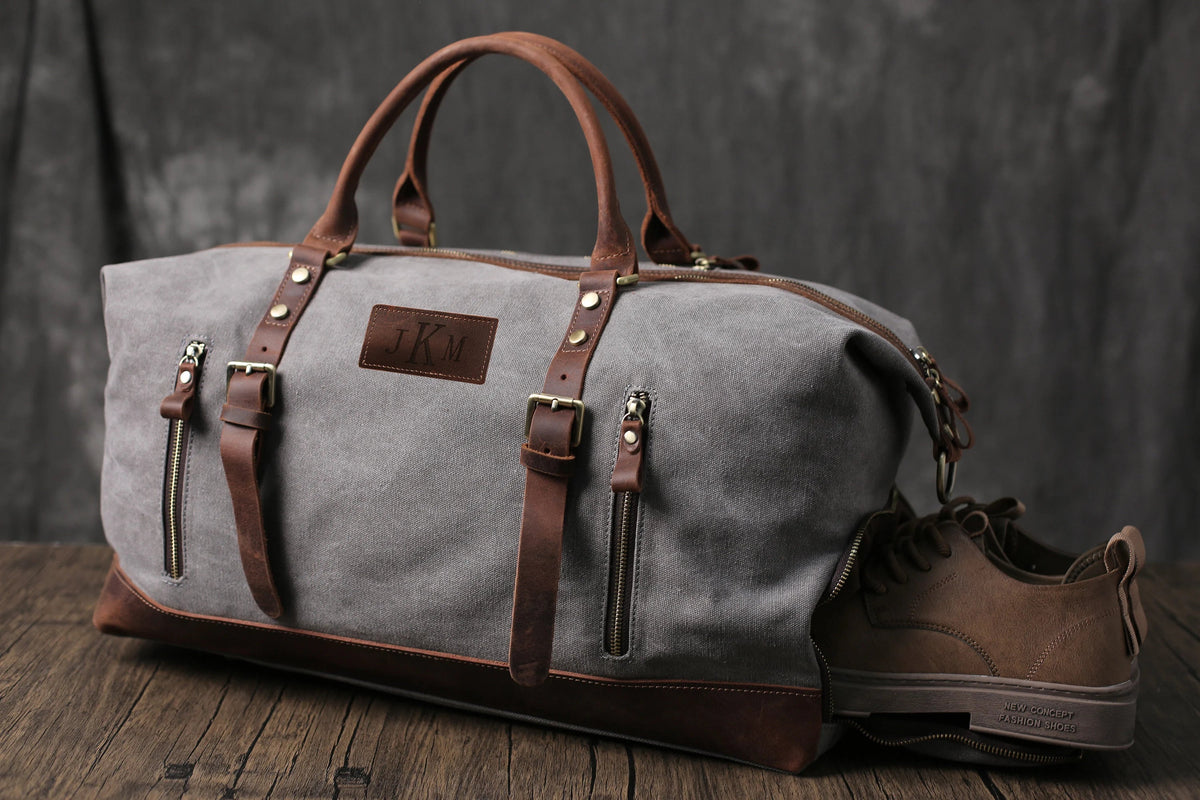 Personalized Canvas Duffel Bag, Waterproof Canvas Leather Weekend bag with Shoes Compartment for Men Women