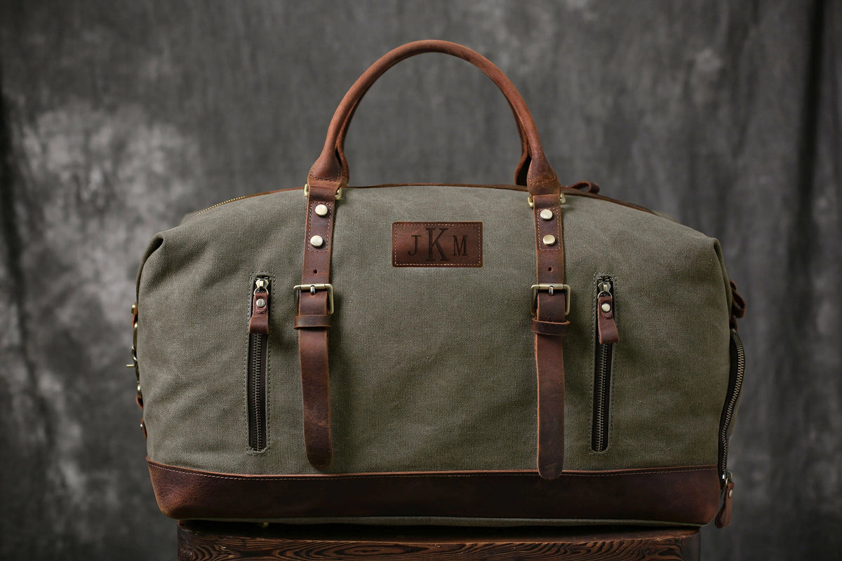 Personalized Canvas Duffel Bag, Waterproof Canvas Leather Weekend bag with Shoes Compartment for Men Women