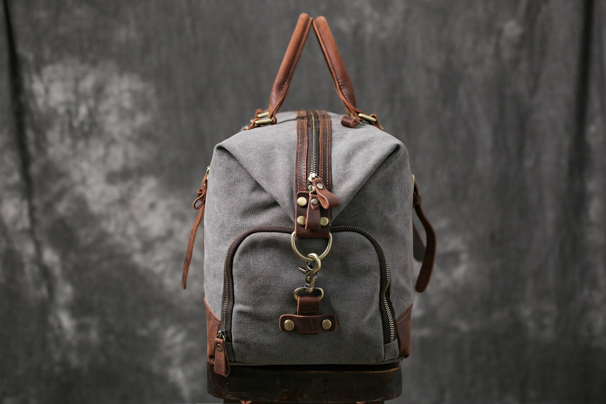 Personalized Canvas Duffel Bag, Waterproof Canvas Leather Weekend bag with Shoes Compartment for Men Women