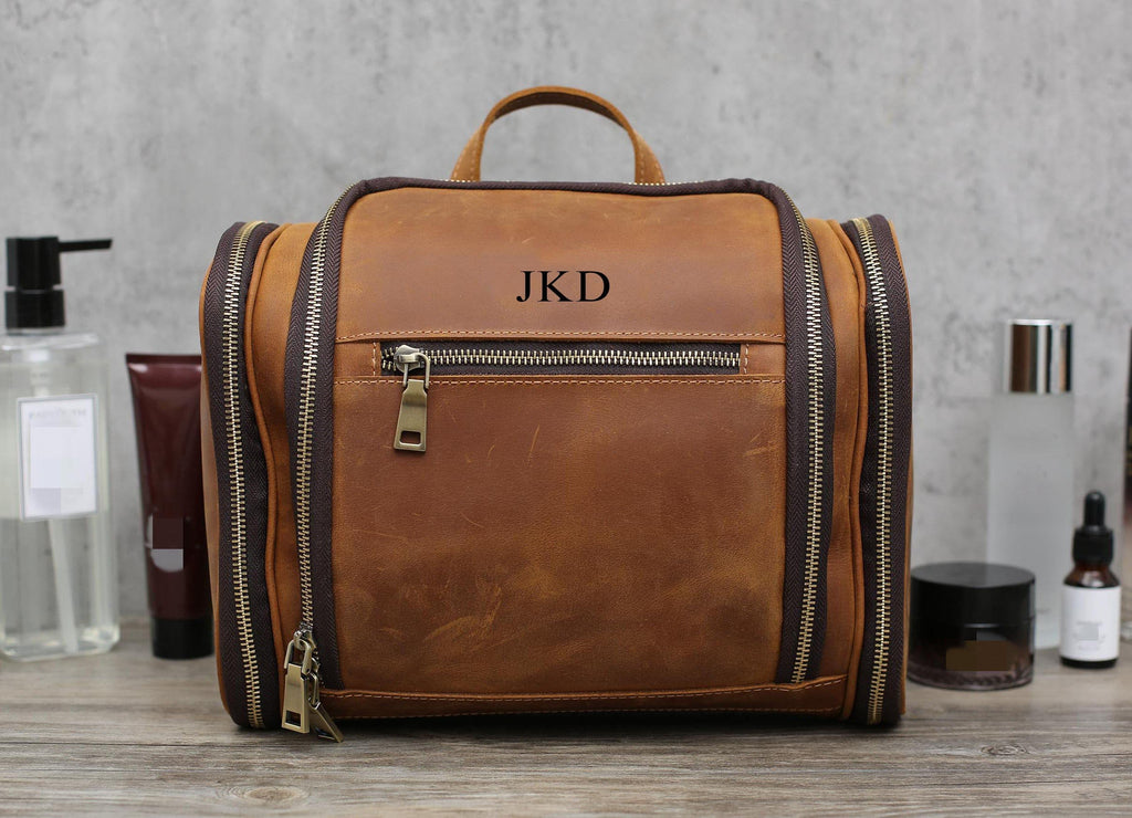 Personalized Hanging Leather Toiletry Bag, Leather Dopp Kit Bag, Groomsmen Gift