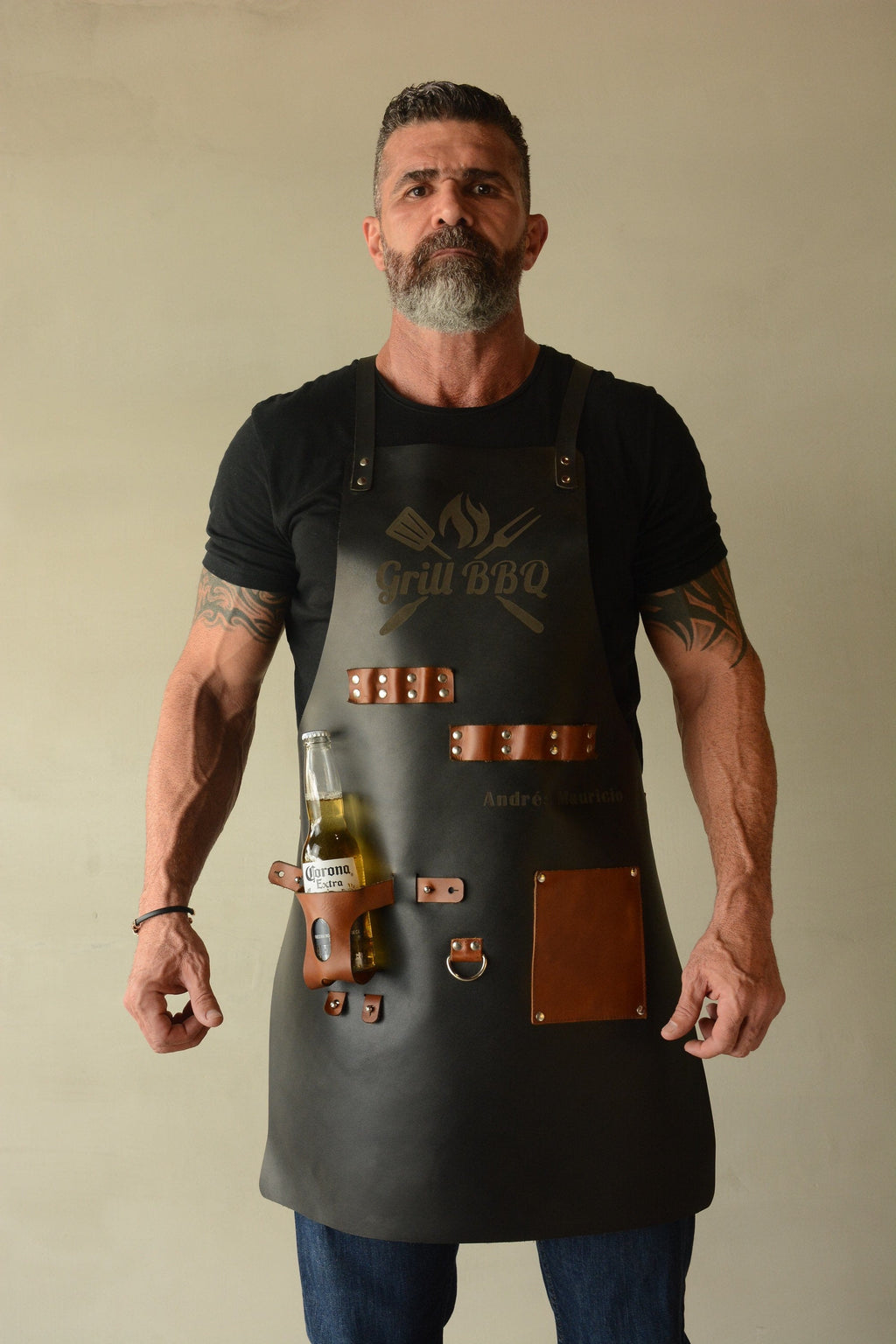 Personalized PU Leather BBQ Apron with Pockets, Custom Grill Apron for Men, Engraved Chef Gift