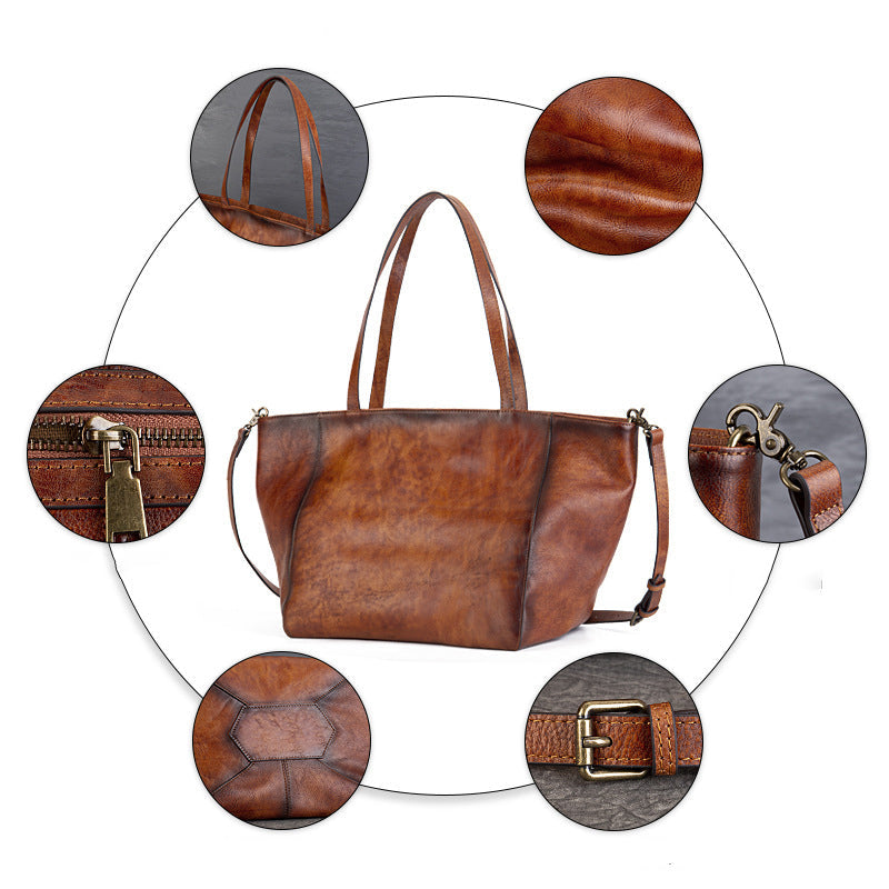 Womens Large Leather Tote Bag Retro Leather Shoulder Bag Shopping Tote Bag