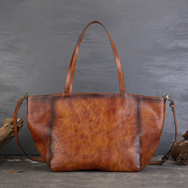 Womens Large Leather Tote Bag Retro Leather Shoulder Bag Shopping Tote Bag