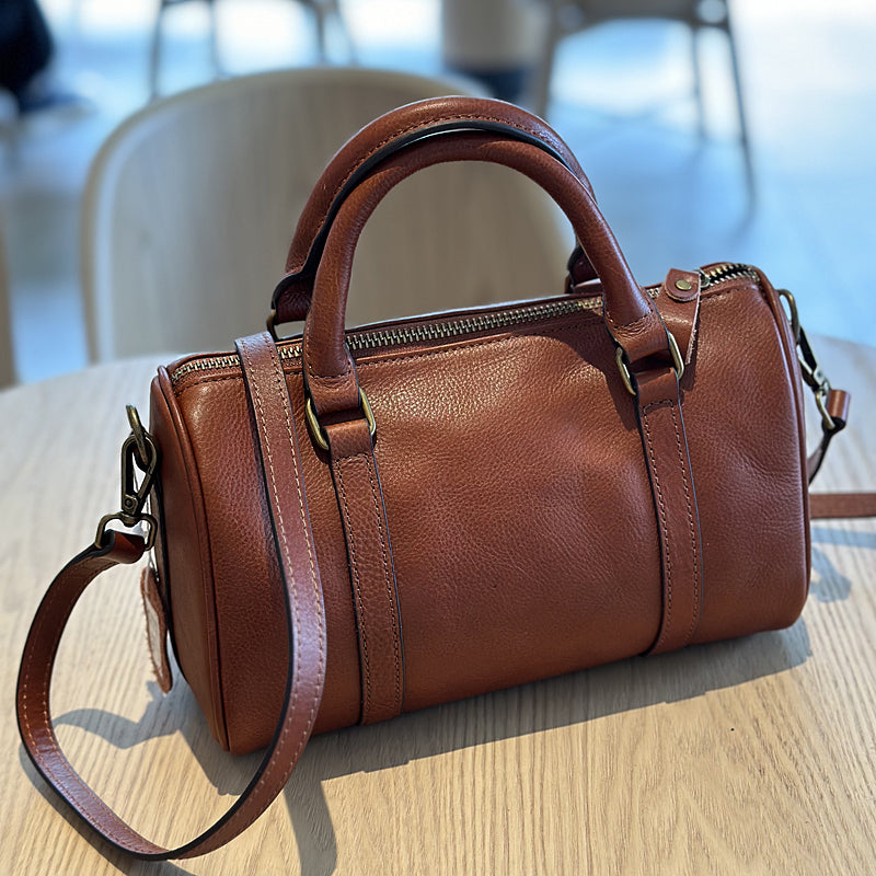 Women's Small Leather Boston Bag, Full Grain Leather Satchel Crossbody Bag, Handmade Leather Barrel Bag