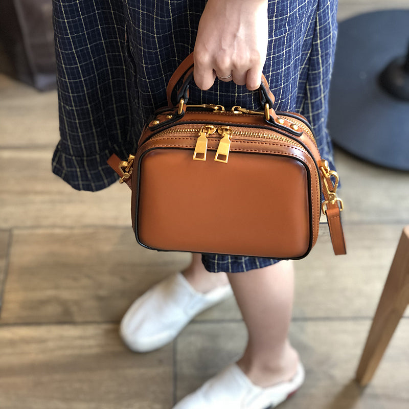 Women's Small Leather Box Bag Crossbody Clutch, Retro handmade leather crossbody bag square bag