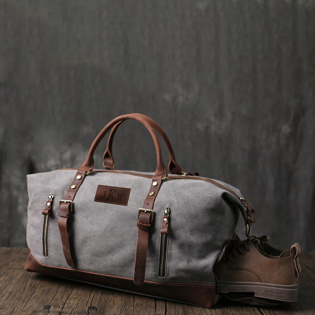 Personalized Canvas Duffel Bag, Waterproof Canvas Leather Weekend bag with Shoes Compartment for Men Women