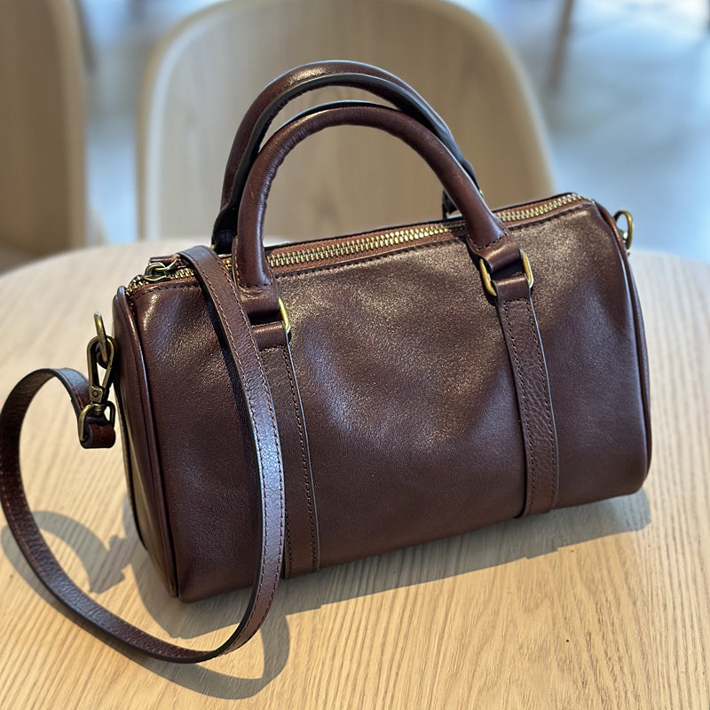 Women's Small Leather Boston Bag, Full Grain Leather Satchel Crossbody Bag, Handmade Leather Barrel Bag