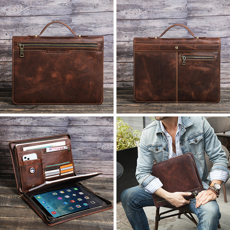Handmade Genuine Leather Case,  AirTag Compartment, Handheld Multi-Functional iPad Cover