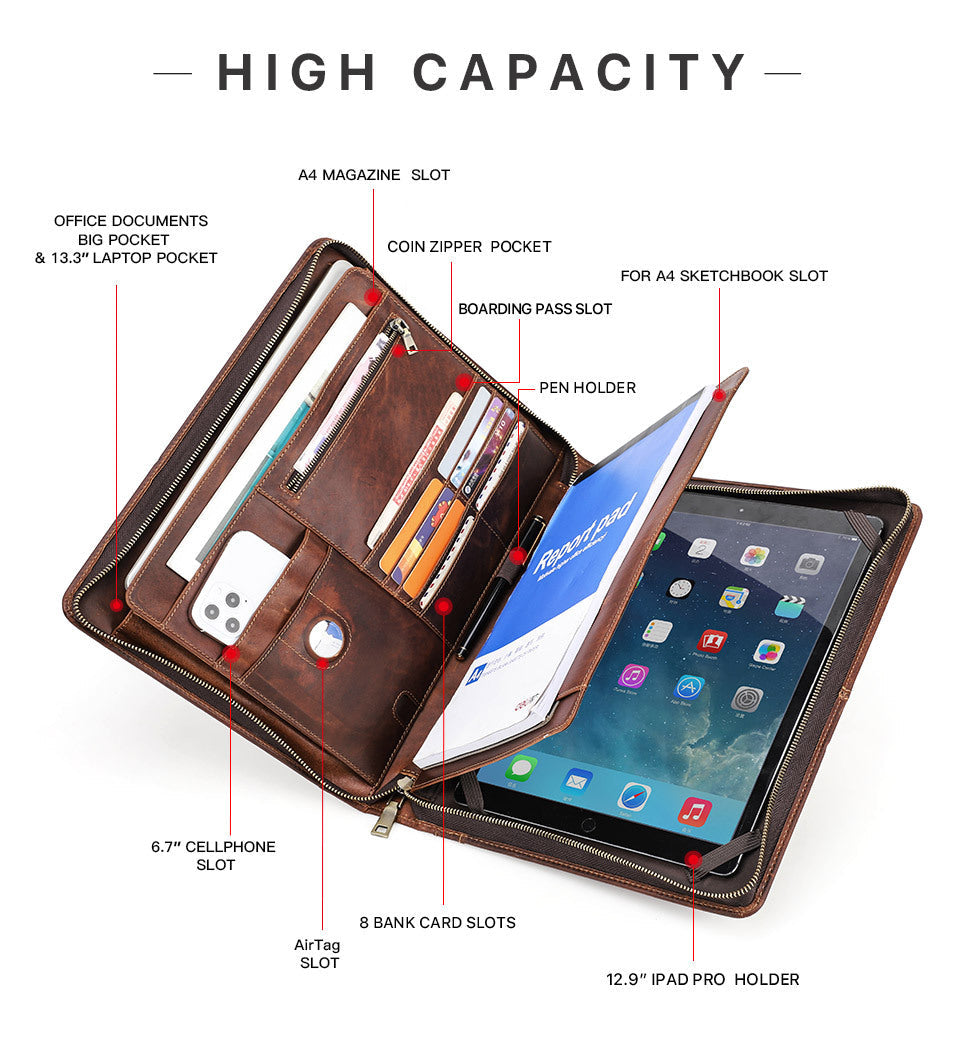 Handmade Genuine Leather Case,  AirTag Compartment, Handheld Multi-Functional iPad Cover